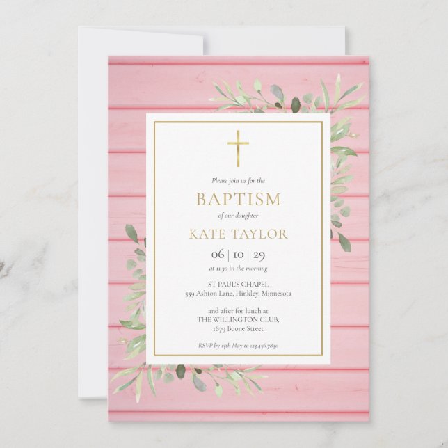 Pink Rustic Wood Greenery Baptism Christening Invitation (Front)