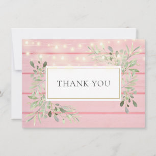Pink Rustic Wood Greenery String Lights Thank You Card