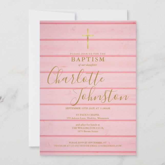 Pink Rustic Wood Script Baptism Christening Invitation (Front)