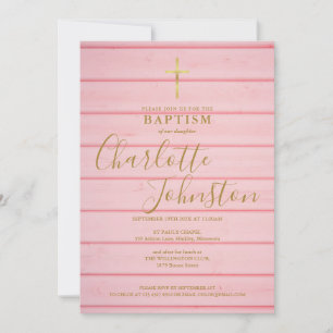Pink Rustic Wood Script Baptism Christening Invitation