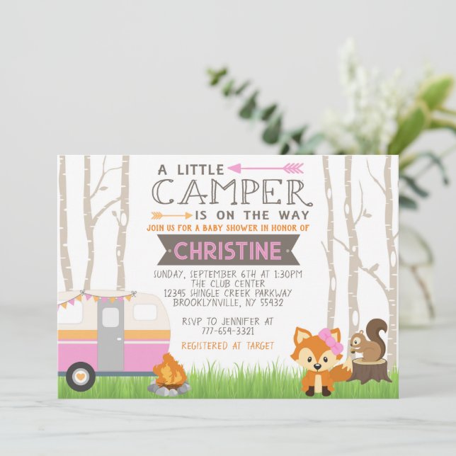 Pink RV Camper Woodland Forest Animals Baby Shower Invitation (Standing Front)