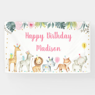 Pink Safari Animal Girl Birthday Banner