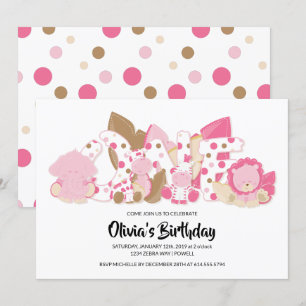 Pink Safari Animals 1st Birthday Party Invitation