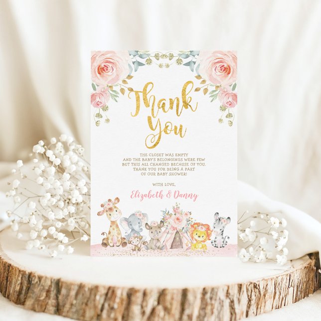 Pink Safari Animals Baby Shower Thank You Card (Creator Uploaded)