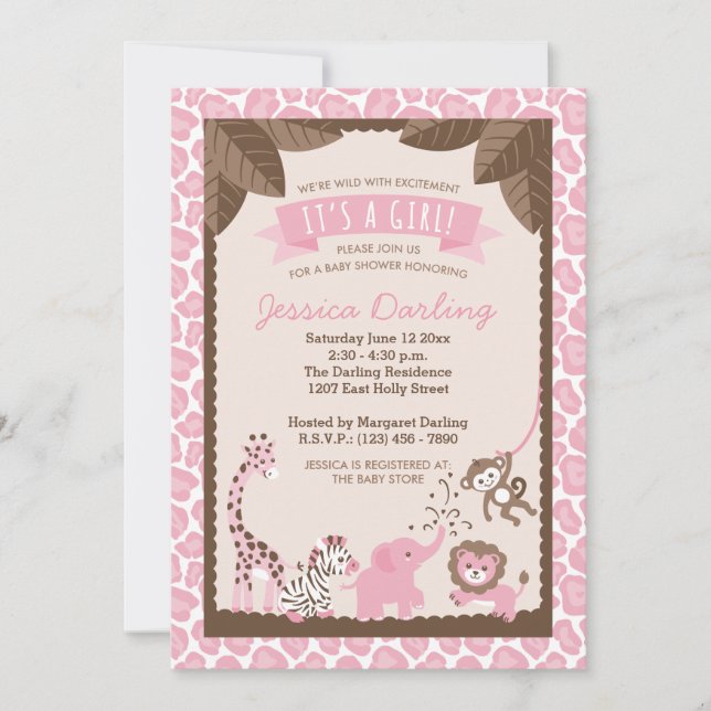 Pink Safari Animals Girl Baby Shower Invitations (Front)