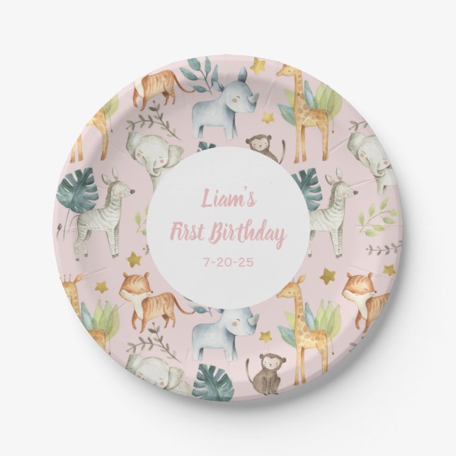 pink Safari animals Girl First birthday  Paper Plate (Front)