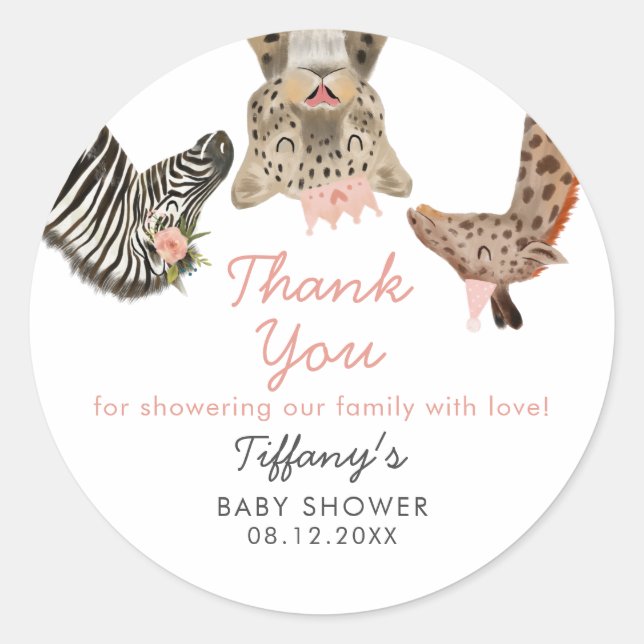 Pink Safari Animals Theme Baby Shower  Classic Rou Classic Round Sticker (Front)