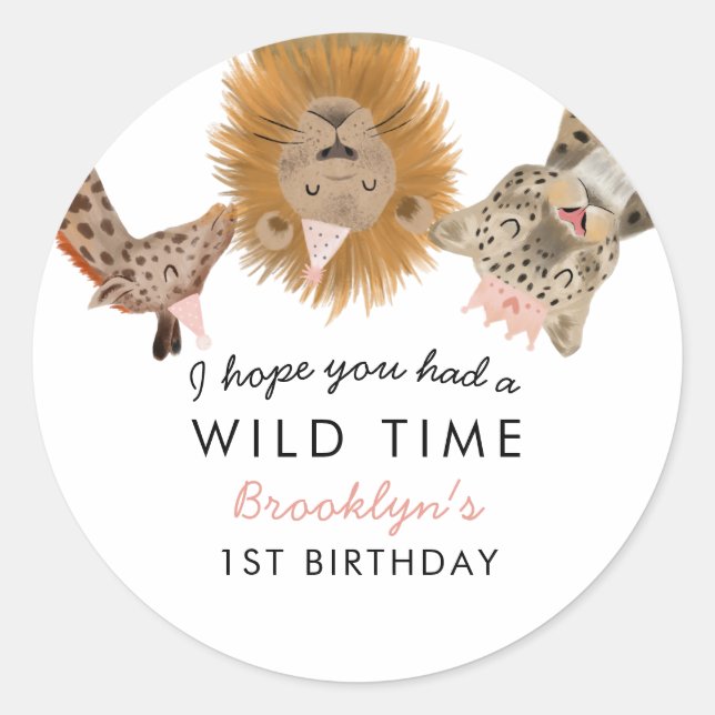 Pink Safari Animals Theme Girl Birthday Party Classic Round Sticker (Front)