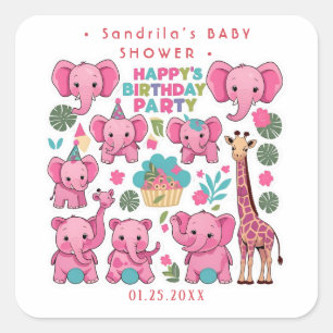 Pink Safari Animals Theme Girl Birthday Party Square Sticker