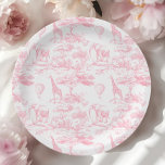 Pink Safari Animals Toile de Jouy Baby shower Paper Plate<br><div class="desc">This item blends classic elegance with whimsical charm. The design features a delicate toile de Jouy pattern in soft baby pink, showcasing vintage-style safari animals like elephants, giraffes nestled among floral and leafy details. The intricate linework and gentle colour palette give it a timeless, heirloom feel—perfect for a refined and...</div>