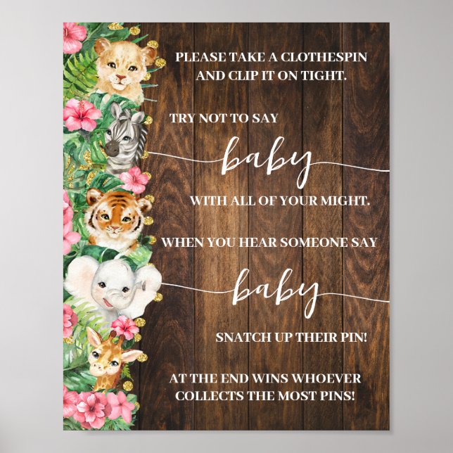 Pink Safari Don't Say Baby Clothespin Shower Game Poster (Front)