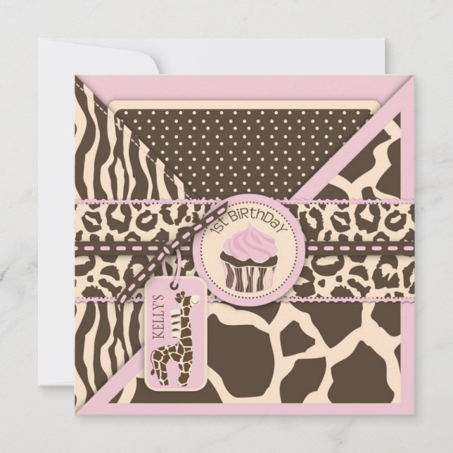 Pink Safari Giraffe & Cupcake First Birthday Invitation (Front)