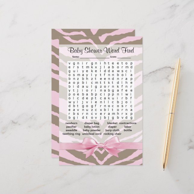 Pink Safari Girl Baby Shower Word Find Search Game (Front/Back In Situ)