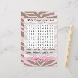 Pink Safari Girl Baby Shower Word Find Search Game