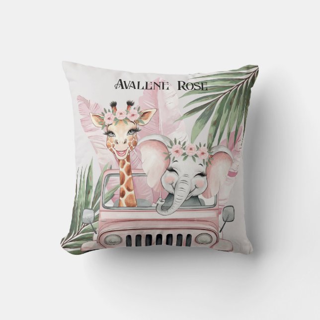 Pink Safari Jungle Adventure Girl Baby Shower Gift Cushion (Front)