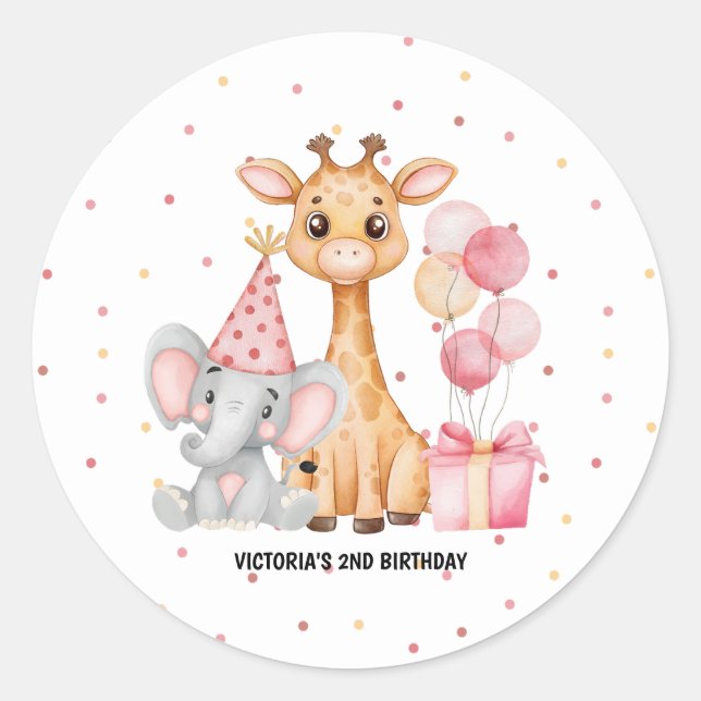 Pink Safari Jungle Animal Birthday  Classic Round Sticker (Front)