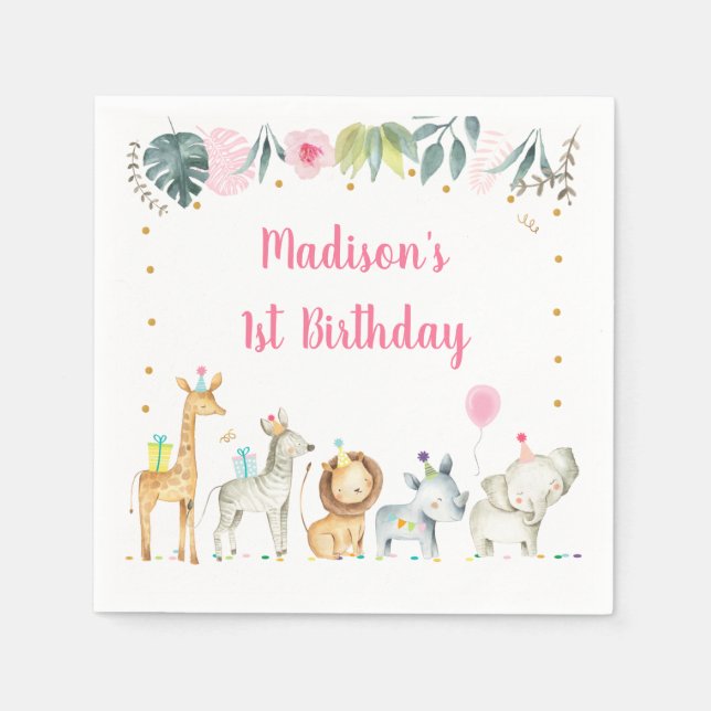 Pink Safari Jungle Animal Birthday Napkin (Front)