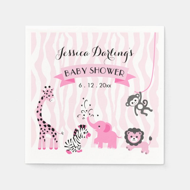 Pink Safari Jungle Animals Baby Girl Shower Napkin (Front)
