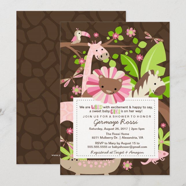 Pink Safari Jungle Baby Girl Shower or Sprinkle Invitation (Front/Back)