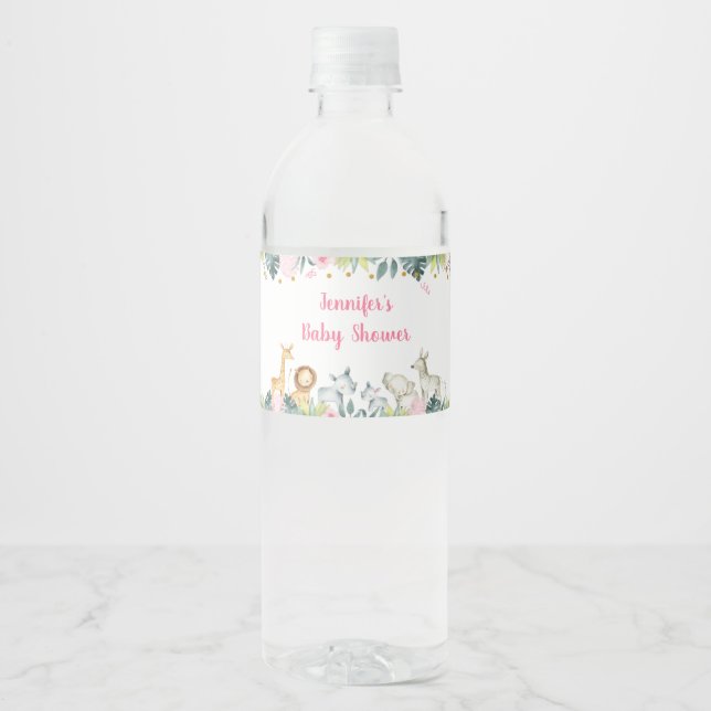 Pink Safari Jungle Baby Shower Water Bottle Label (Front)