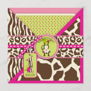 Pink Safari Jungle Monkey First Birthday Invitation