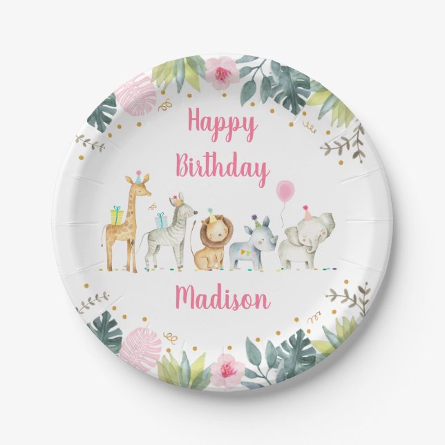 Pink Safari Jungle Party Animal Birthday Paper Plate (Front)