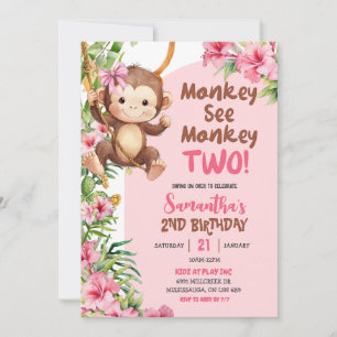 Pink Safari Monkey See Monkey Two 2nd Birthday Invitation