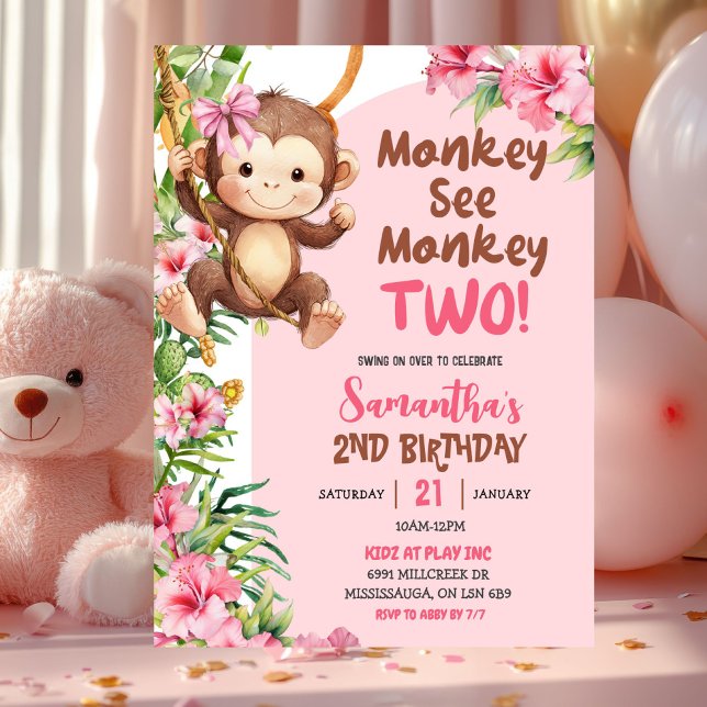 Pink Safari Monkey See Monkey Two 2nd Birthday Invitation (Creator Uploaded)