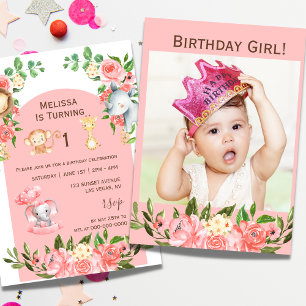 Pink Safari Theme First Birthday Photo Invitation