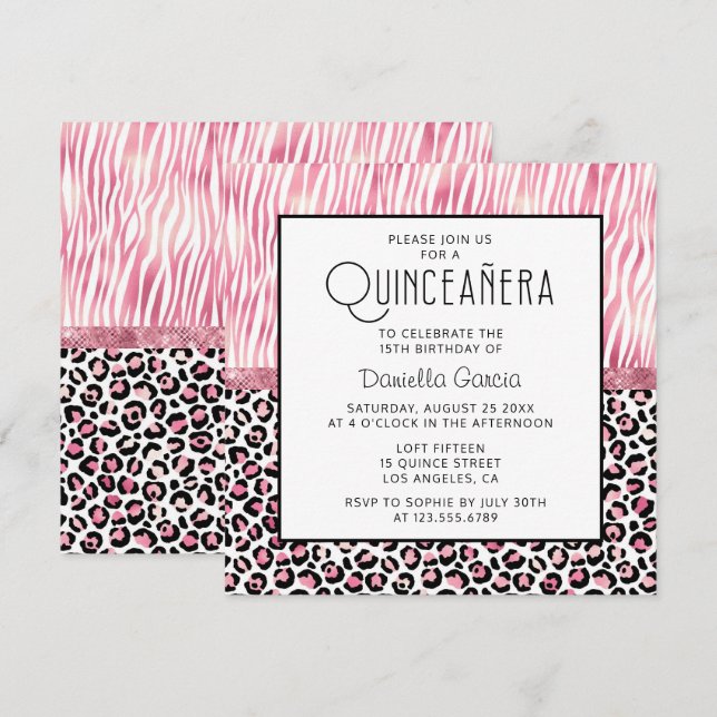 Pink Safari Tiger Leopard Shimmer Quinceañera  Invitation (Front/Back)