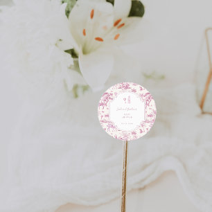 Pink Safari Toile de Jouy   Baby Shower Classic Round Sticker