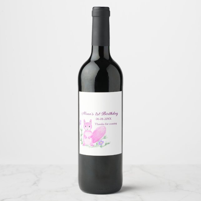 Pink safari Woodland animal birthday add name year Wine Label (Front)