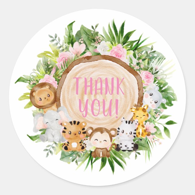 Pink Safari Woodland Animals Baby Shower Thank You Classic Round Sticker (Front)