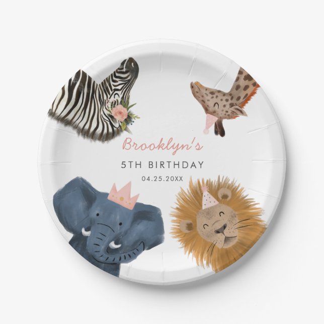 Pink Safari Zoo Animals Birthday Party  Paper Plate (Front)