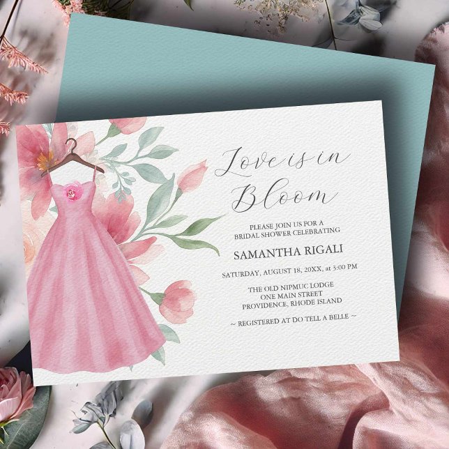 Pink & Sage Blue Bridal Shower Invitations Online (Bridal shower invitations watercolor pink dress and flowers by Victoria Grigaliunas Do Tell A Belle)