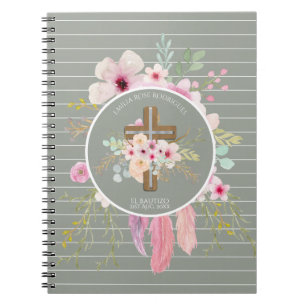 Pink Sage Floral Cross BAUTIZO Baptism Bautismo Notebook