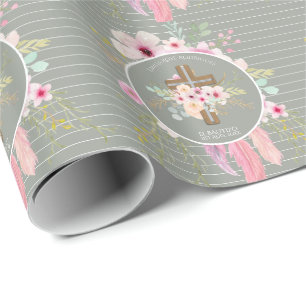 Pink Sage Floral Cross BAUTIZO Baptism Bautismo Wrapping Paper