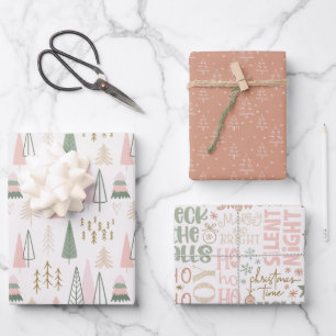 Pink Sage Green Boho Christmas Tree  Wrapping Paper Sheet