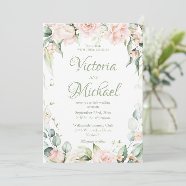 Pink Sage Green Elegant Floral Wedding Invitation (Standing Front)