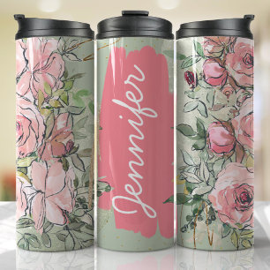 Pink Sage Green Floral Add Name Custom Gift Thermal Tumbler