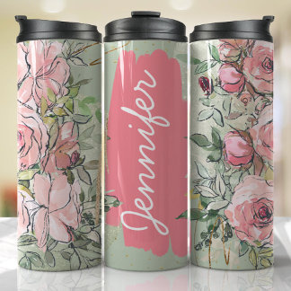 Pink Sage Green Floral Add Name Custom Gift Thermal Tumbler