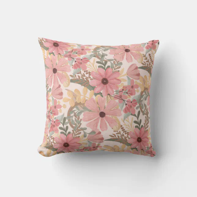 Pink Sage Green Floral Leaves Watercolor Pattern Cushion | Zazzle