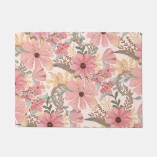 Pink Sage Green Floral Leaves Watercolor Pattern Doormat