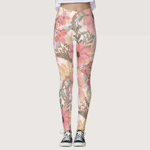 Pink Sage Green Floral Leaves Watercolor Pattern Leggings