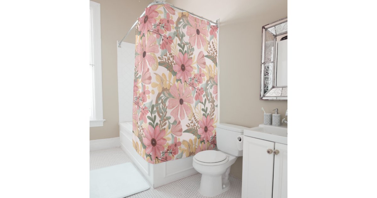 Pink Sage Green Floral Leaves Watercolor Pattern Shower Curtain | Zazzle