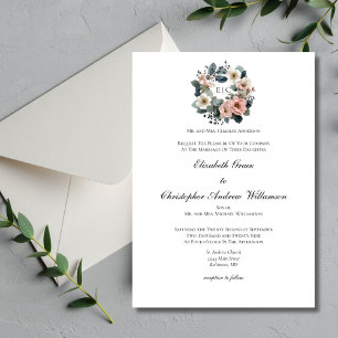 Pink Sage Green Floral Monogram Elegant Wedding Invitation