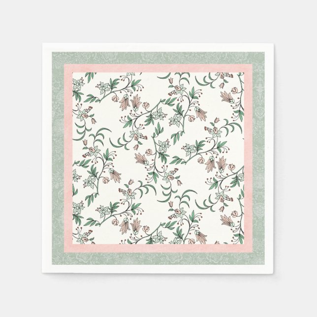 Pink Sage Green Floral Vintage Party Napkin (Front)
