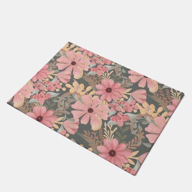 Pink Sage Green Flowers Leave Watercolor Pattern Doormat (Angled)
