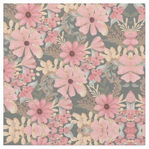 Pink Sage Green Flowers Leave Watercolor Pattern Fabric