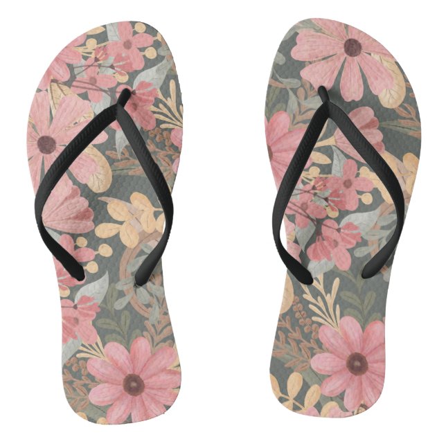 Pink Sage Green Flowers Leave Watercolor Pattern Flip Flops (Footbed)